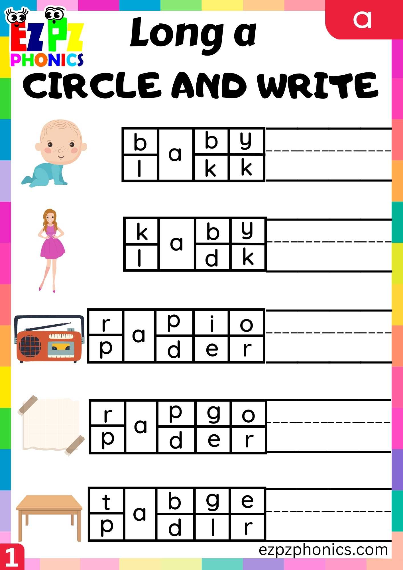 Group1 A Words Circle And Write Long A Phonics Worksheet